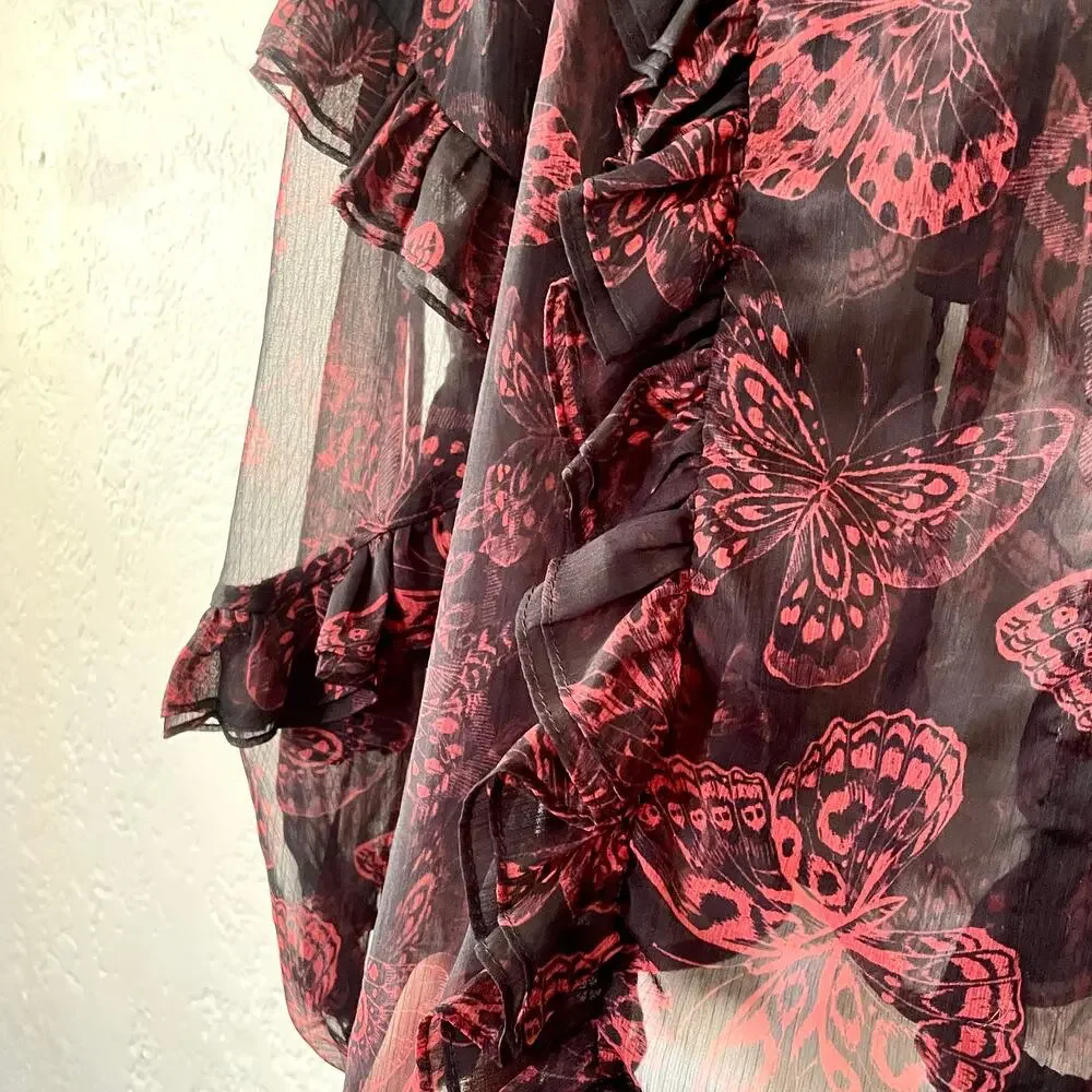 MISA Los Angeles Frida Butterfly Sheer Blouse Ruffle Puffy Sleeves sz XS X-Small - Picture 10 of 13